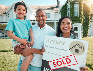 Image showing Mother, father and child in property, real estate or billboard of happy family for new home, sold or investment. Portrait of mom, dad and son holding billboard of mortgage asset, homeowner or house