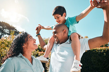 Image showing Child, father and mother outdoor as family together in backyard with a smile, love and care. Man, woman and boy kid with parents for security and quality time with happiness and support at park