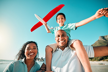 Image showing Beach, selfie and family with airplane at the ocean for travel, holiday or summer vacation. Portrait, love and kid with toy and parents at the sea for playing, weekend and bonding while having fun