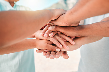 Image showing People, trust and hands together for teamwork, agreement or collaboration in solidarity outdoors. Community, group or gathering piling or touching hand for unity, celebration or love in partnership