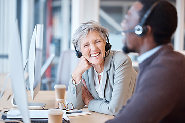 Image showing Call center, laughing and happy people in office for working, customer support or consulting. Telemarketing, contact us and senior woman, friends and black man laugh at funny joke, comedy and humor.