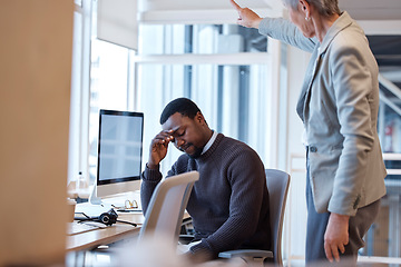 Image showing Business woman, boss and firing man at call center with fail, mistake and stress at telemarketing job. Elderly female, manager and warning of consultant with dismissal, shout and point by help desk