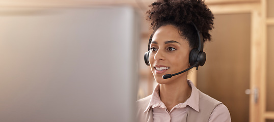 Image showing Call center, woman and computer in office for sales and customer service mockup. Female agent or consultant in telemarketing, support or crm with headphones and pc banner for help desk communication