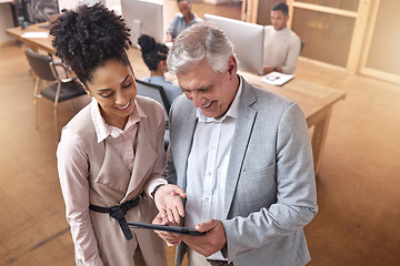 Image showing Business people, tablet and planning for collaboration, meeting or idea coaching for teamwork at the office. CEO businessman working with happy woman employee on technology for project or partnership