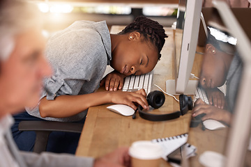 Image showing Call center, woman and sleeping on desk in office while tired of stress, sales and customer service. Exhausted african female agent or consultant in telemarketing, support and crm with fatigue