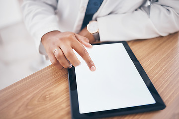 Image showing Mockup, typing and hand of doctor on a tablet for healthcare, email and online services. Research, medical and a pharmacist or medic worker scrolling on mock up space screen on tech for communication