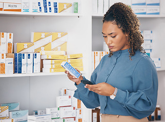 Image showing Pharmacy, info search and woman with phone checking ingredients or medical for pills results online. Prescription drugs, internet and customer reading allergy information on medicine box for safety.