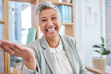 Image showing Portrait, online meeting and senior woman with smile, video call and success for business. Face, female employee or worker in office, happiness or cheerful for startup, profit growth or consultation