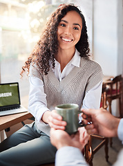 Image showing Happy cafe customer, coffee and woman with hot chocolate, tea cup or morning hydration beverage. Breakfast restaurant server, service waiter and restaurant person with latte, expresso or client drink