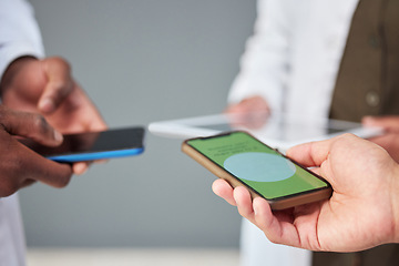 Image showing Hands, phone screen or data sharing for business people networking in office while standing in a huddle. Mobile, information technology and communication with an employee team connecting to database