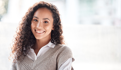 Image showing Portrait, mockup and woman with smile, entrepreneur and success with startup, growth and confidence. Face, female consultant and happy employee with happiness, creative or positive worker on mock up