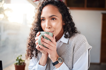 Image showing Coffee shop, face or relax woman drinking hot chocolate, tea cup or client beverage in morning hydration wellness. Restaurant, cafe or store customer with latte drink, person thinking or service idea