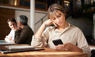 Image showing Business, thinking and woman with smartphone, typing and online reading in workplace, social media and chatting. Female, employee or entrepreneur with cellphone, connection or search website for info