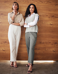 Image showing Business women, portrait and teamwork of happy female staff and friends in a company. Office, confidence and management team with pride from work of a professional woman employee with wall background