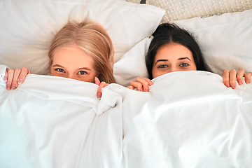 Image showing Above, portrait and women covering with blanket for hiding, shy and cold in a bed. Sleep, relax and friends with a duvet to cover face for happiness, funny and warmth in the bedroom together