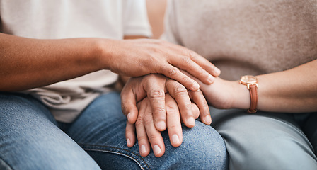 Image showing Holding hands, couple support and comfort together for empathy, trust and love in marriage. Relationship, partner and closeup of affection from a man and woman for gratitude, sorry or forgive