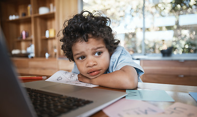 Image showing Thinking, child and sad by laptop in home for learning, online education and studying. Computer, kid and contemplating, lost in thoughts and wondering, bored and homeschool for elearning in house.