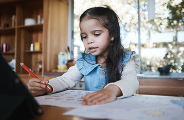 Image showing Learning, education and girl writing in at a kitchen table for homework, drawing and home school activity. Education, student and kid with paper for sketch, art and lesson for child development