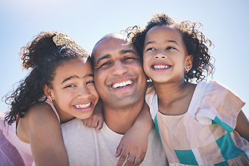 Image showing Portrait, father and girls with a smile, hug and bonding outdoor, quality time and cheerful. Face, family and male parent with happiness, daughters and female children with their dad, embrace and joy