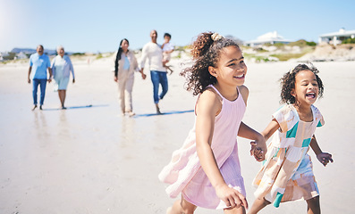 Image showing Children running, family vacation and happy at the beach for travel, morning walking and bonding. Happy, summer and girl siblings holding hands on a walk at the ocean with parents and grandparents
