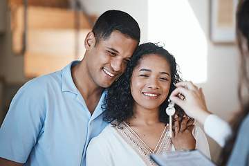 Image showing Keys. realtor and a home owner couple in their new house after payment or investment in a property asset. Real estate, mortgage or loan with a man and woman receiving the key to their new house