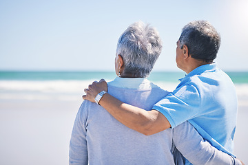 Image showing Love, back and senior couple on a beach, hug and bonding for relationship, summer holiday and marriage. Romance, partners or old woman, elderly man and embrace on seaside vacation and loving together