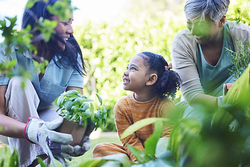 Image showing A woman, mother and child gardening together outdoor for growth or sustainability during spring. Plants, kids and earth day with a family bonding in a summer garden for eco friendly landscaping