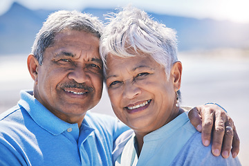 Image showing Happy, senior couple and portrait at the beach for bonding, love and happiness in Costa Rica summer. Smile, hugging and face of an elderly man and woman by the sea for holiday, retirement and peace