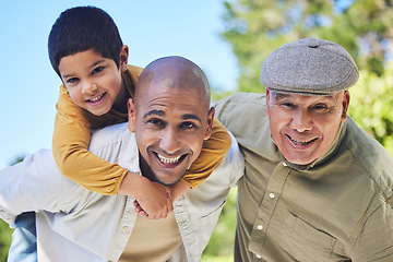 Image showing Happy, playful portrait and family in nature for bonding, playing and quality time in summer. Smile, love and a father, child and grandfather with a piggyback fun, happiness and weekend at a park