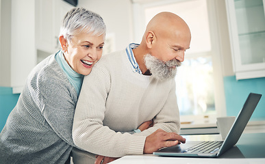 Image showing Laptop, senior couple and hug in home, online browsing and social media in house. Computer, retirement and happy man and woman embrace while reading email, news or streaming funny video together.