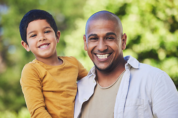 Image showing Portrait, son and father in park, happiness and love with family, hug and affection in nature. Face, happy parent and dad with boy, embrace outside and cheerful with bonding, loving and joyful