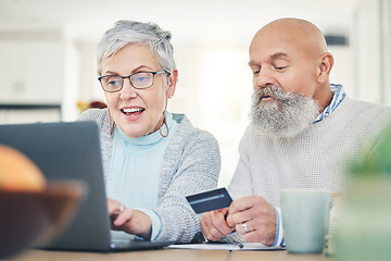 Image showing Laptop, senior couple and credit card in home for online shopping, digital banking or payment. Computer, ecommerce and happiness of man and woman on internet for sales, retirement finance or fintech.