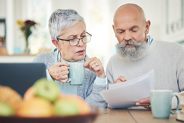 Image showing Laptop, senior couple and finance documents in home for budget, savings or taxes in house. Computer, retirement and man and woman with paperwork for financial planning, insurance or bills with coffee