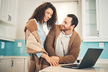 Image showing Happy couple, laptop and smile for search, internet or social network with video in home kitchen. Young man, woman and computer with laughing, happiness and excited face for results of web research