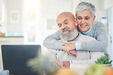 Image showing Laptop, elderly couple and hug in home, internet browsing or social media in house. Computer, retirement and happy man and woman embrace while reading email, news or streaming video together online.