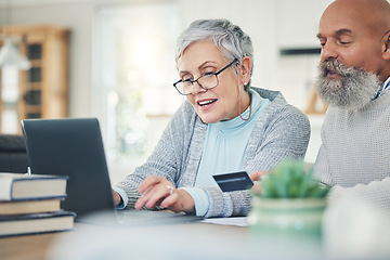 Image showing Laptop, elderly couple and credit card in home for online shopping, digital banking or payment. Computer, ecommerce and happiness of man and woman on internet for sales, retirement finance or fintech