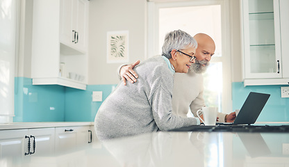Image showing Elderly couple, laptop and video call in kitchen, web browsing or social media in house. Computer, retirement and happy man and woman on videocall, online chat and virtual communication together.