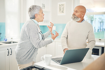 Image showing Angry, argument and a couple in a fight about an email, computer glitch or financial stress. Anger, talking and a senior man and woman speaking about a retirement problem or conflict online on a pc