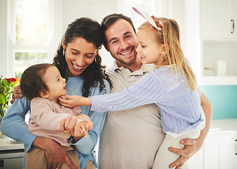 Image showing Mother, father and children portrait in a happy family home while together for love, support and care. Woman, man or parents with girl kids playing in a house for quality time, bonding and to relax