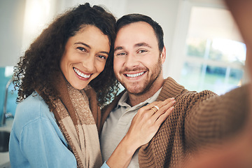 Image showing Happy couple, home and selfie with hug, portrait and social network post for love, together and excited. Young man, woman and photography for profile picture with care, happiness and blog on internet
