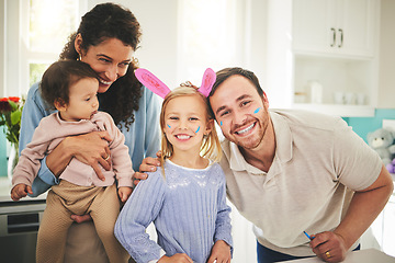 Image showing Parents, girl children and bunny ears in portrait in family home with love, baby or happiness for easter. Man, woman and kids in house, laughing and excited for holiday with love, care and bonding