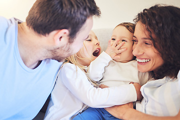 Image showing Family, laughing and happy together in home bedroom with children and parents together for quality time. Man and woman or mother and father with funny children for happiness, love and care in morning