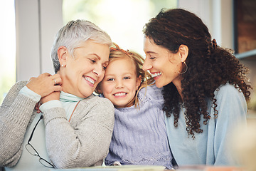 Image showing Portrait, grandmother and girl smile with mother in home, bonding and having fun together. Happiness, family and child with mama and grandma, care and enjoying quality time with love in house.