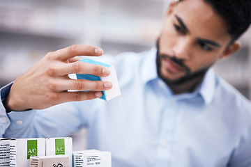 Image showing Pharmacy stock, man and hand in drugs check of a customer in a healthcare and wellness store. Medical, retail inventory and pharmaceutical label information checking of a male person by a shop shelf