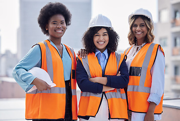 Image showing Happy, arms crossed and portrait of architects on a site for construction work, building and engineering. Smile, teamwork and female builders in collaboration for an industrial project in the city