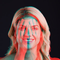 Image showing Woman, beauty portrait and double exposure with hands on face, cosmetics and headshot with smile. Girl, model and neon glow with overlay, creativity and reflection in studio by black background