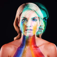 Image showing Woman, fantasy portrait or double exposure with rainbow paint for beauty, cosmetics or headshot. Girl, model and neon glow for painting, creativity or shine for body art in studio by black background