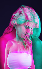 Image showing Double exposure, thinking and beauty with a woman on a dark background in studio for neon art or fantasy. Overlay, idea and abstract with an attractive young female model posing on a black backdrop