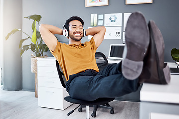 Image showing Office music, relax and happy man finished with business work, listening to calm podcast or radio audio sound. Headphones, easy and professional worker, employee or male agent streaming song track