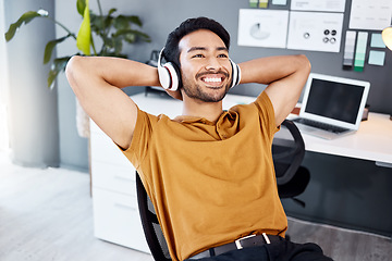 Image showing Music, relax and happy man finished with business job, streaming podcast sound or radio song. Audio headphones, wellness mindset and office consultant, listening designer or male agent done with work